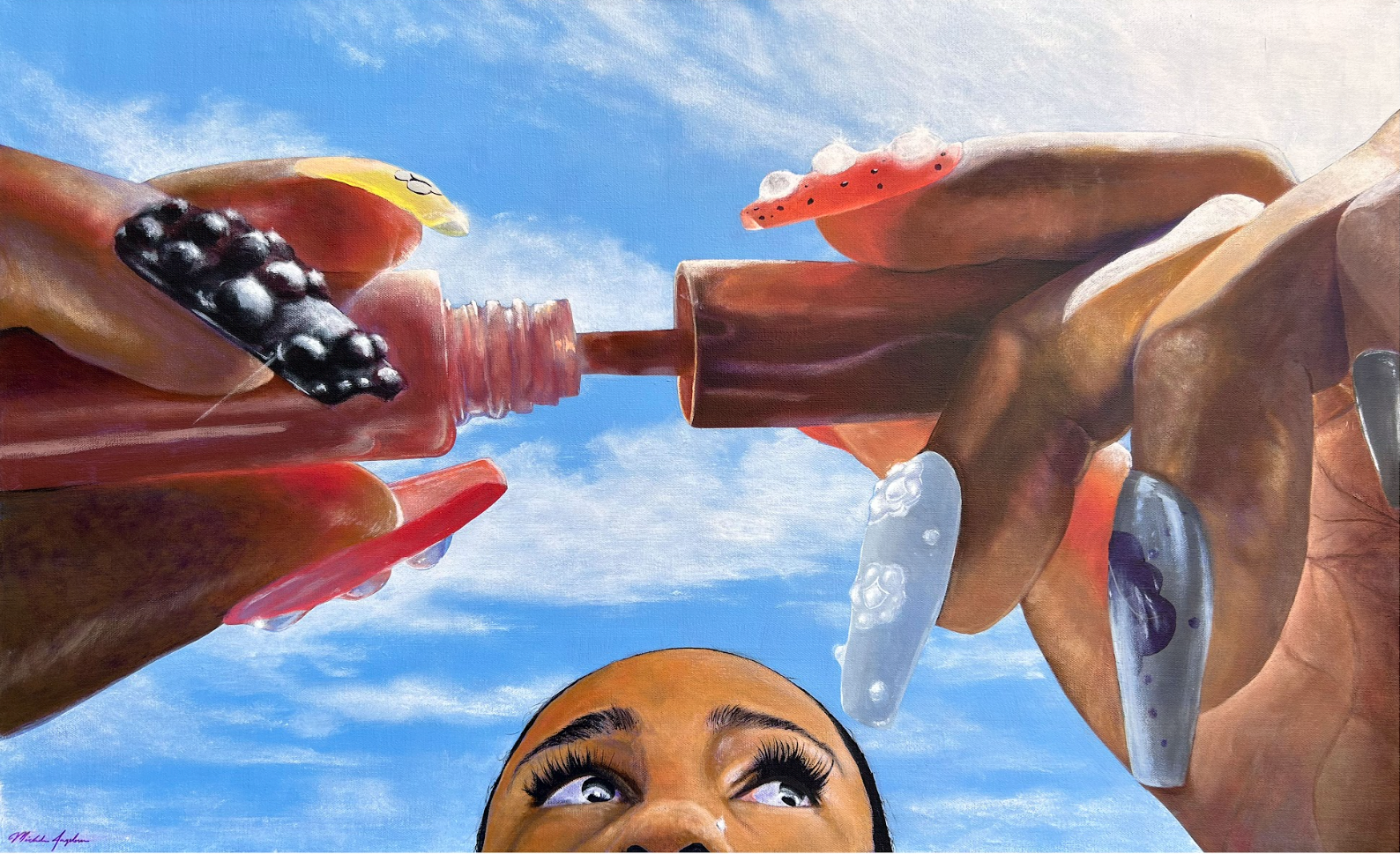 Acrylic Painting Daydreamer by Micheala Angelena - self portrait opening a lipgloss